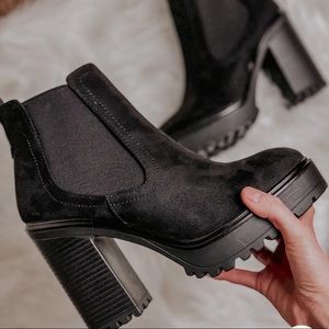 NWT Vegan Suede Leather Chunky Lug Black Booties
